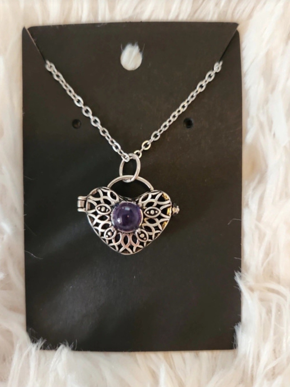 Filigree Heart Locket Necklace with Purple Gemstone